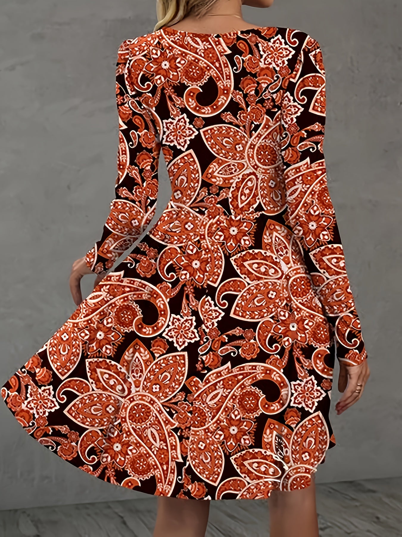  Paisley Floral Print Long Sleeve Dress