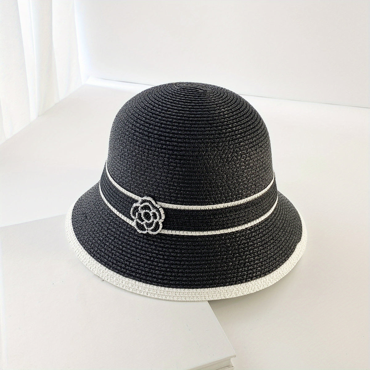 Camellia Straw Sun Hat Striped Bucket Hats Outdoor Travel Beach Hats For Women