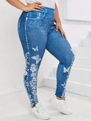  Butterfly & Denim Print High Stretch Leggings
