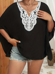  Casual Blouse Women's Plus Contrast Lace Trim Batwing Sleeve V Neck