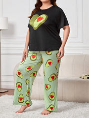  Avocado Print Pajama Set Short Sleeve Tee & Pants Loungewear