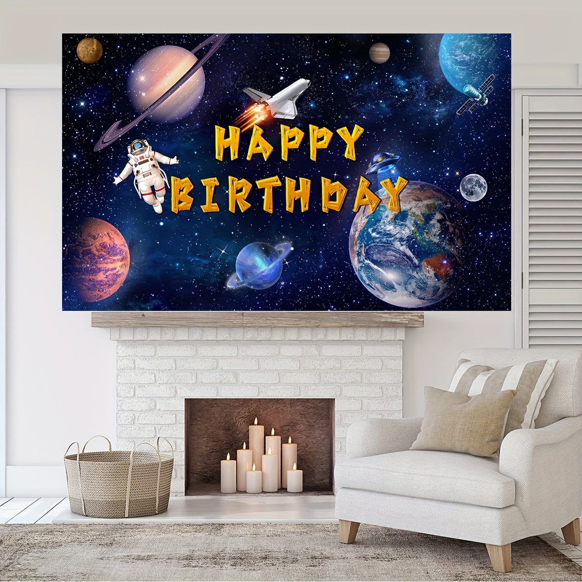 Space Happy Birthday Photography Backdrop 70in Astronaut Rocket Banner