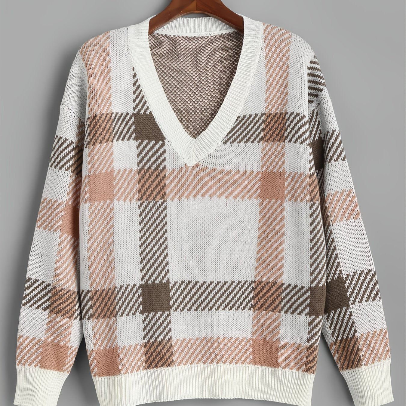  Gingham V Neck Sweater High Stretch Casual