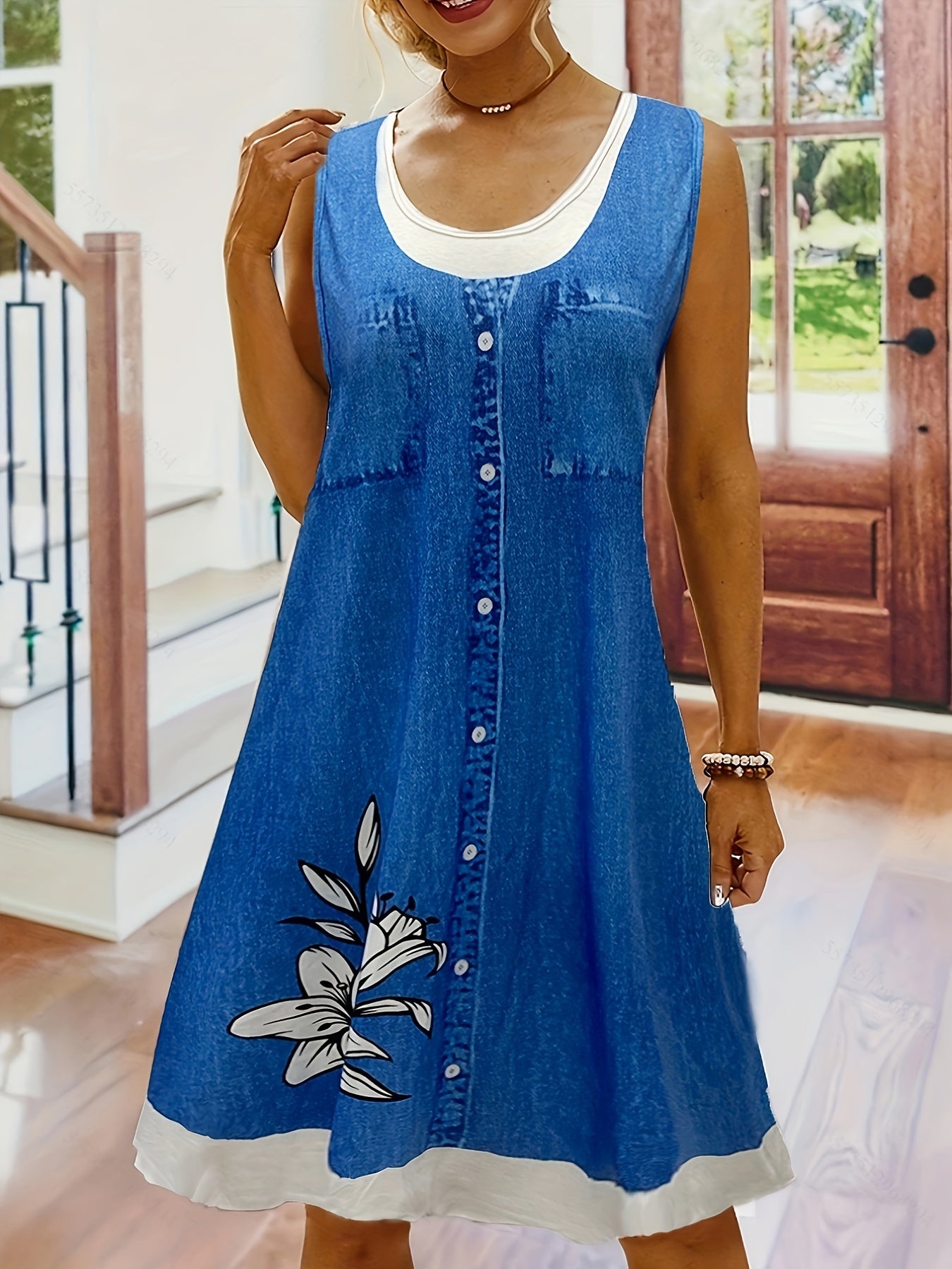  Denim & Floral Print Round Neck Tank Dress