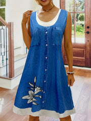  Denim & Floral Print Round Neck Tank Dress
