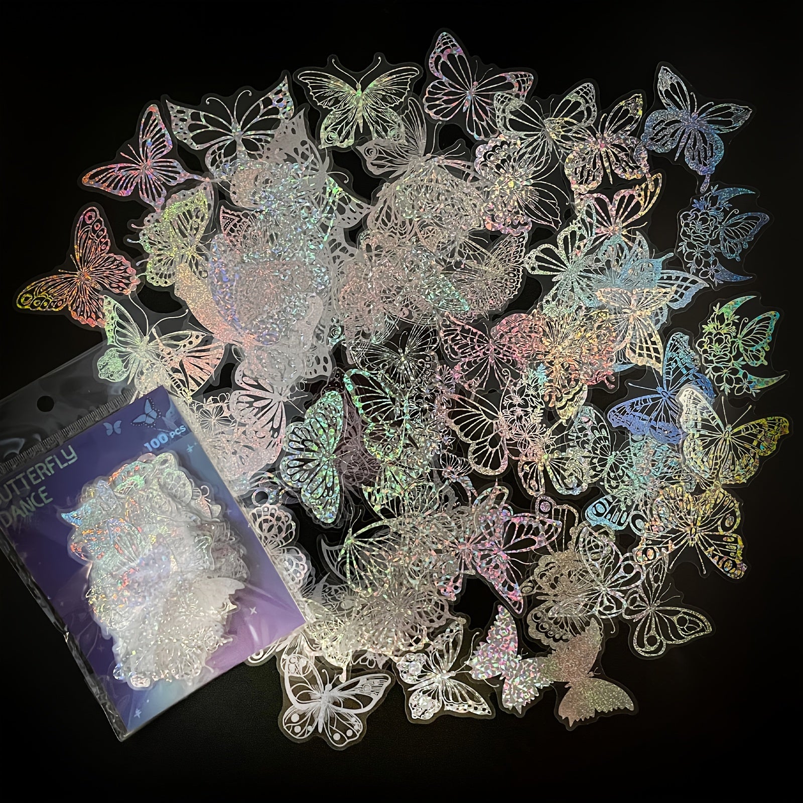 100pcs Transparent Butterfly Laser Stickers PET Creative Retro Stickers