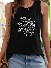 Happy Year Print Sleeveless Sports Vest Round Neck Stretchy Casual Tops Women's