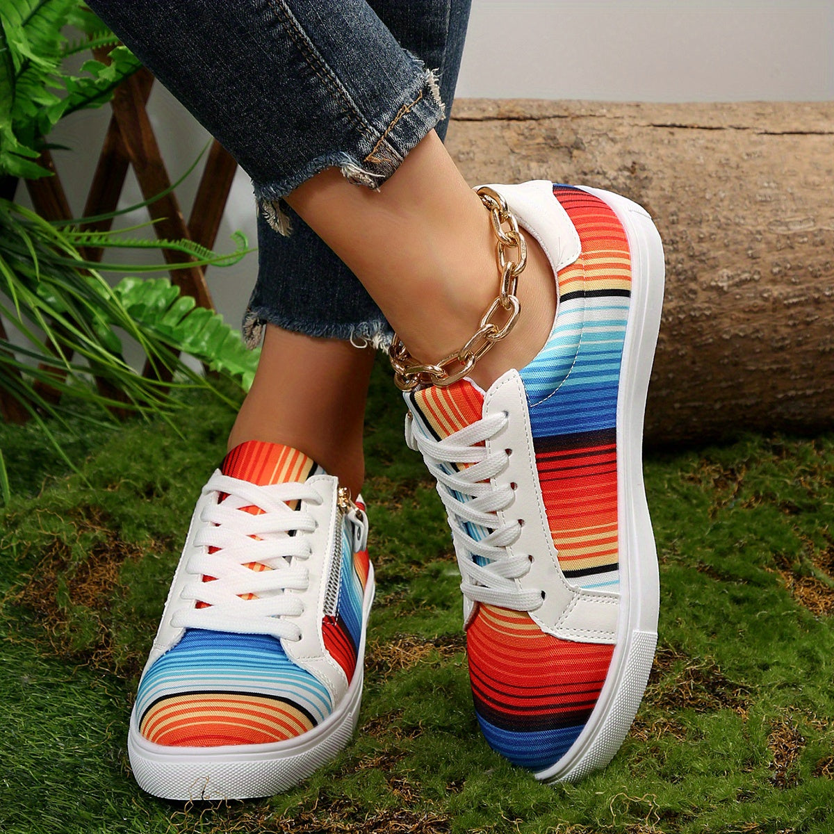 Colorful Striped Sneakers Low Top Canvas Shoes