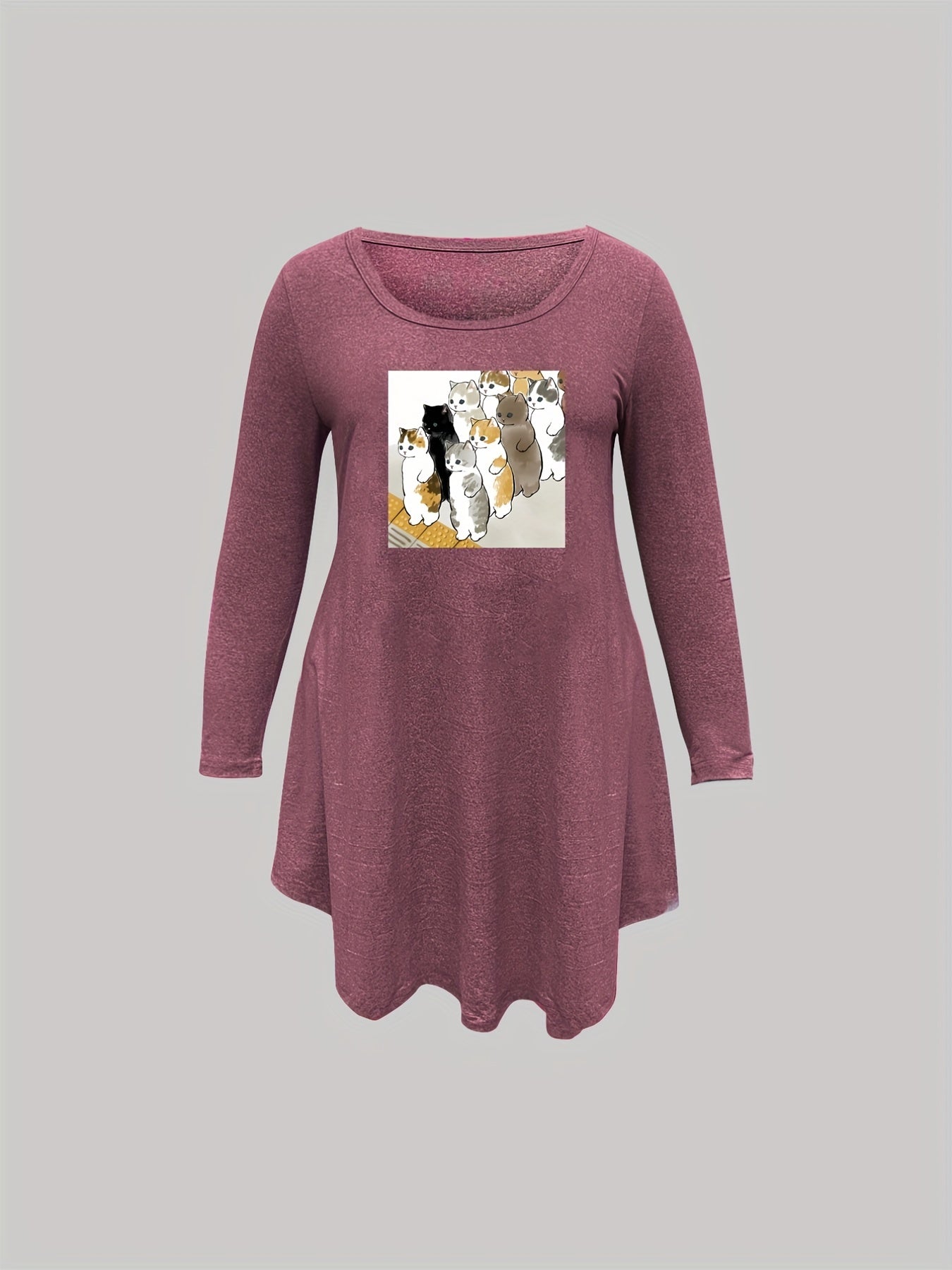  Cat Print Long Sleeve Sleep Dress
