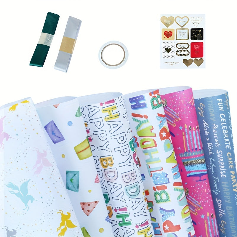 6pcs Cartoon Gift Wrapping Paper Roll Kit for Birthday, Wedding, Christmas