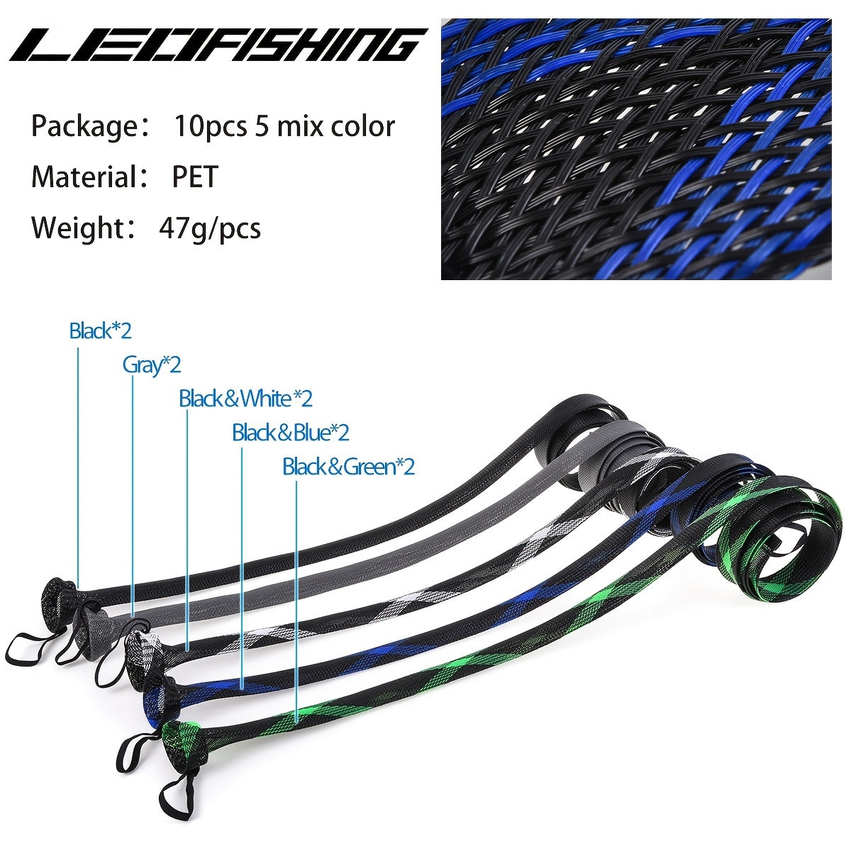 10pcs Leofishing Fishing Rod Sleeve 74 8in Braided Mesh Rod Cover with Straps