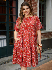  Ditsy Print Short Sleeve Round Neck Dress With Pockets