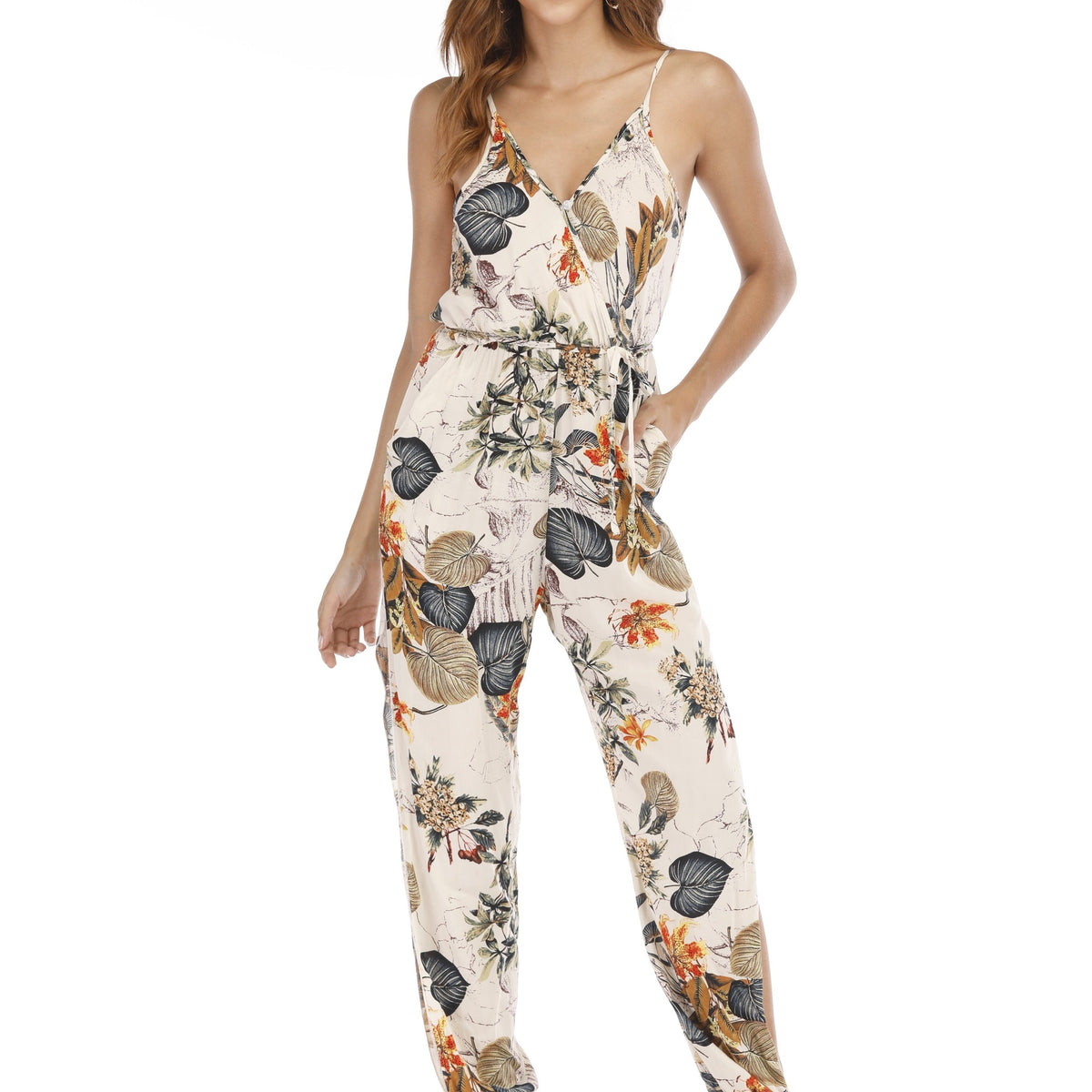 Leaves Print Split Jumpsuit Women's Clothing
