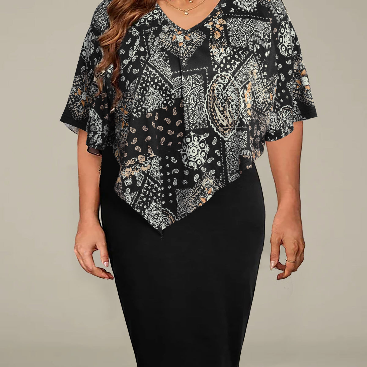  Boho Dress Colorblock Scarf & Paisley Print Short Sleeve V Neck Dress