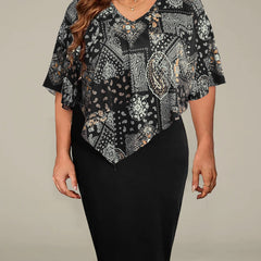  Boho Dress Colorblock Scarf & Paisley Print Short Sleeve V Neck Dress