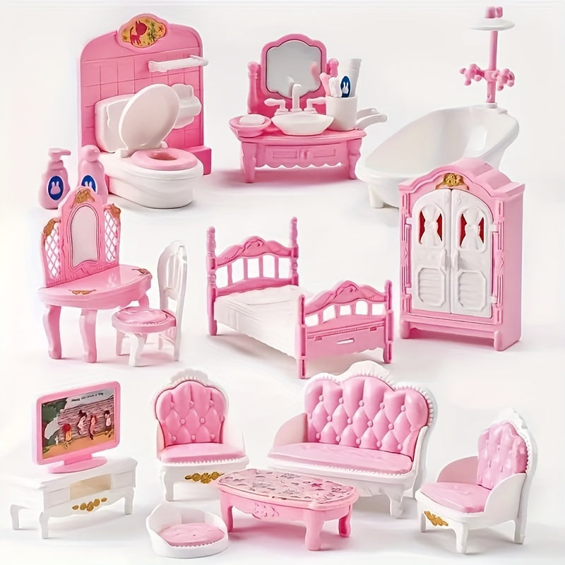 Pink Dollhouse Furniture Set for Kids - 3 Room Miniature Playhouse