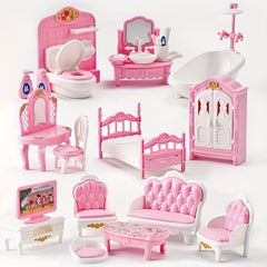 Pink Dollhouse Furniture Set for Kids - 3 Room Miniature Playhouse