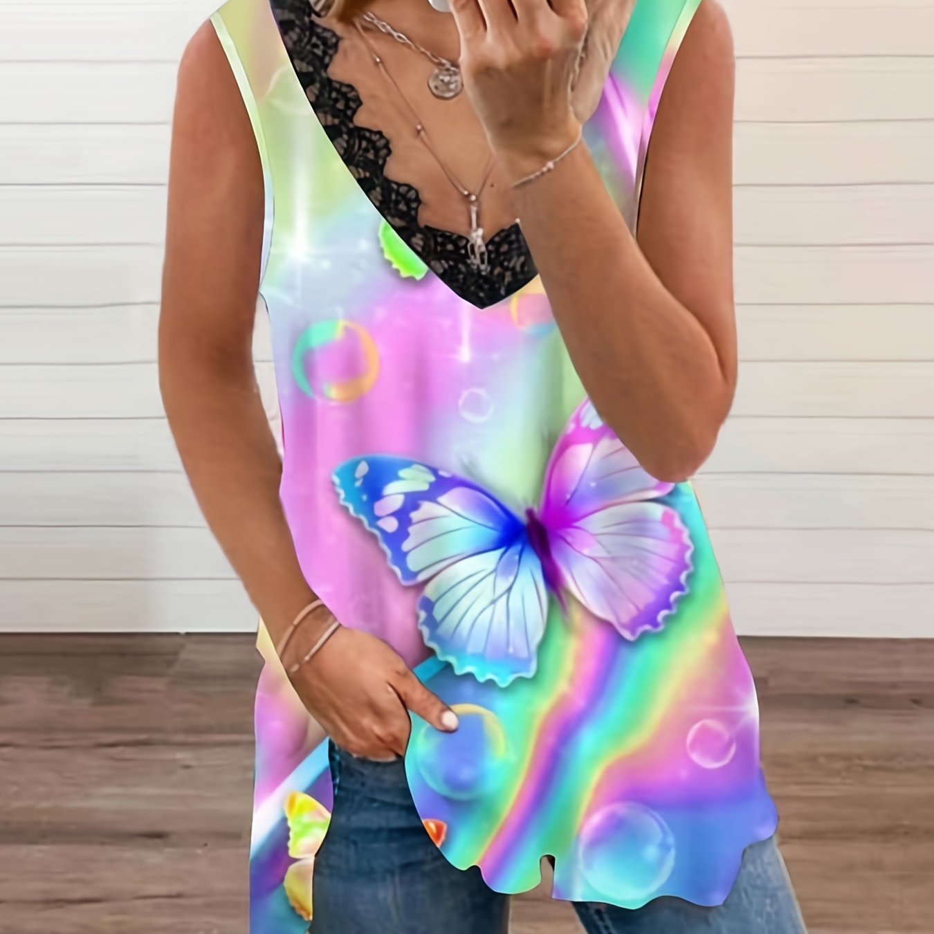  Bubble & Butterfly Print Lace Trim V Neck Tank Top