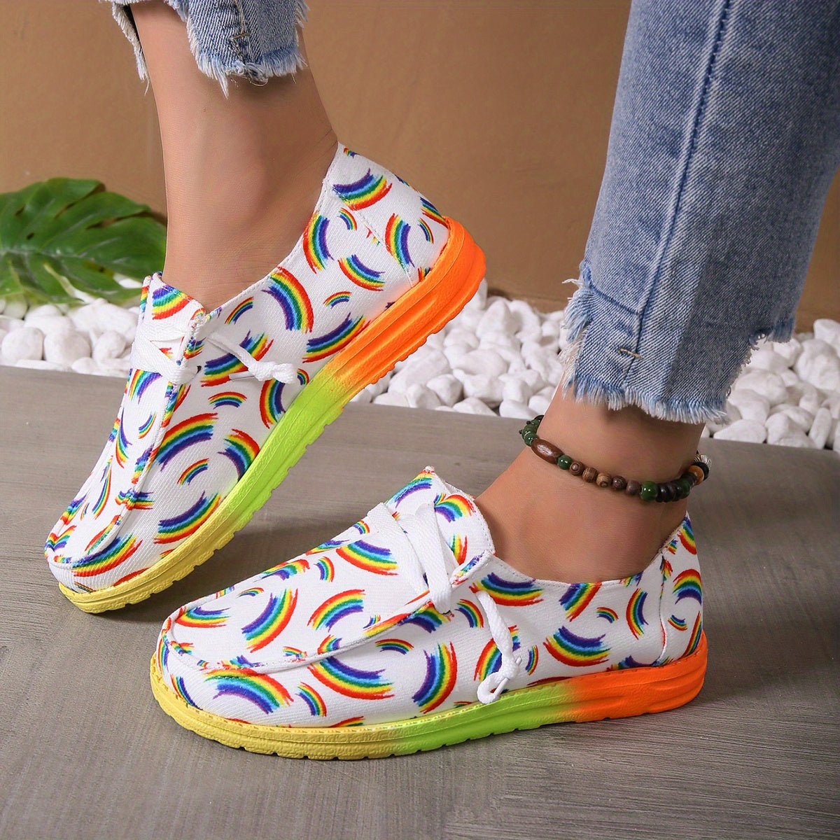 Women's Rainbow Print Canvas Shoes Casual Lace Up Outdoor Shoes