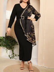  Golden Snowflake Print Colorblock Abaya Dress