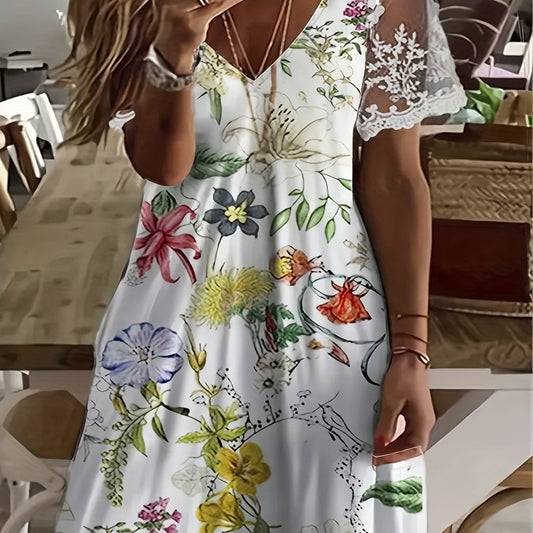  Floral Print Lace Sleeve V Neck Dress