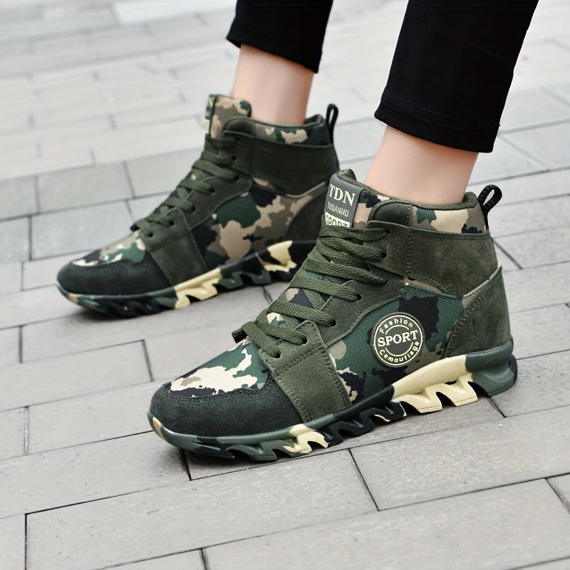 Camo Pattern High Top Wedge Sneakers Lightweight Lace-up Shoes