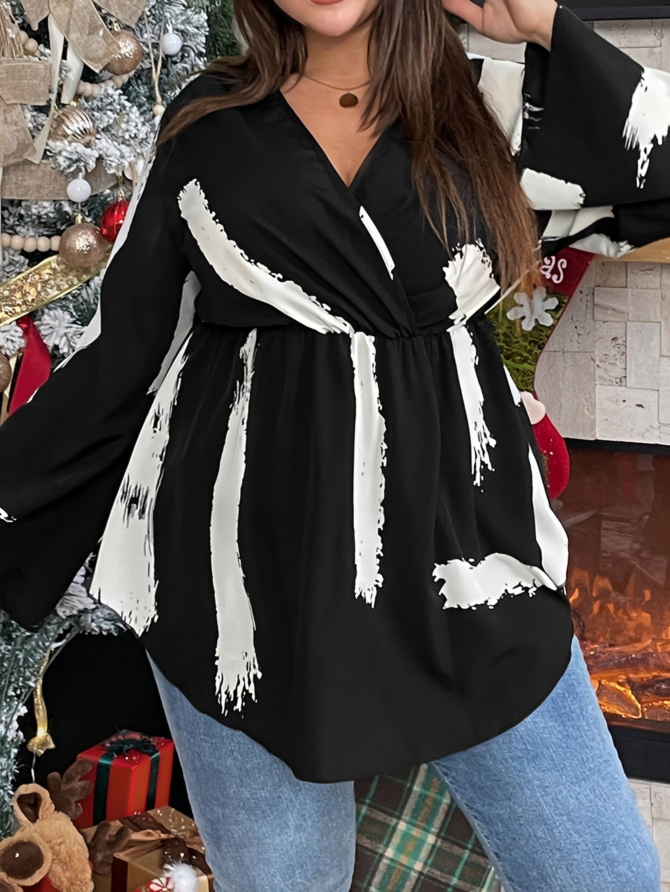  Brush Print Long Sleeve Peplum Top