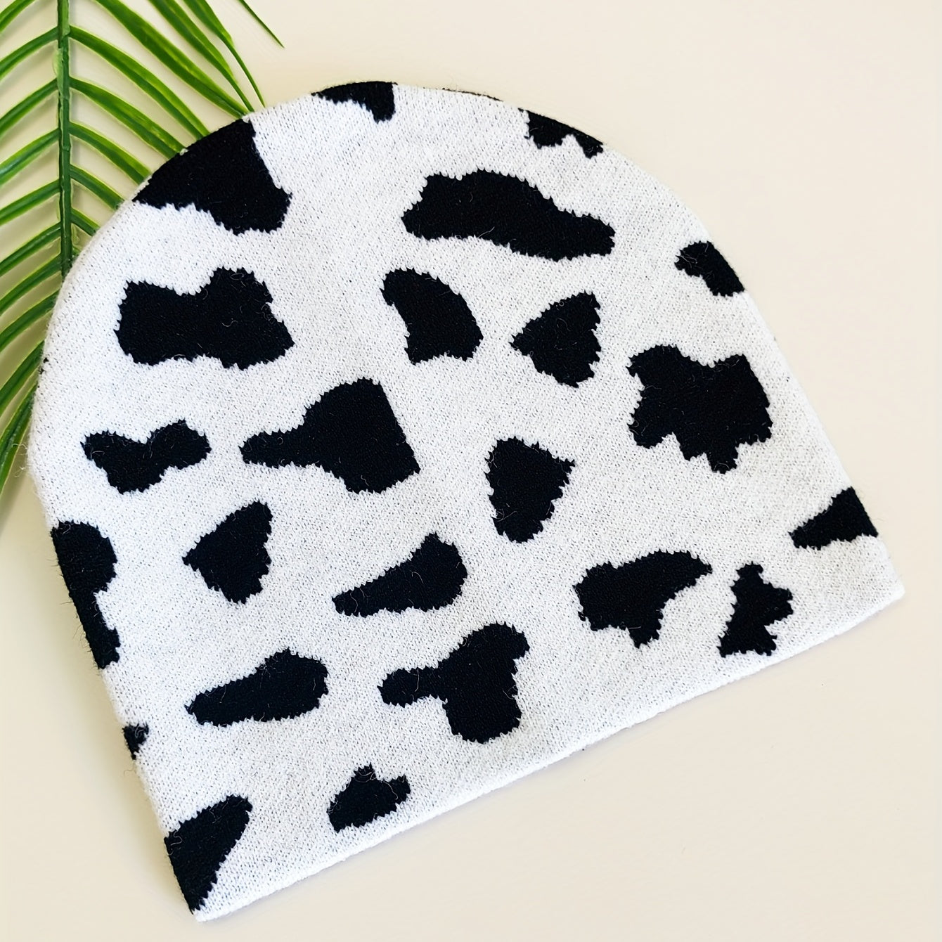 Cow Pattern Jacquard Beanie & Knit Hat Warm Skull Cap Elastic Knitted Ski Hats