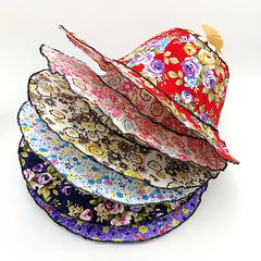 Vintage Floral Print Sun Hat, Bamboo Fan