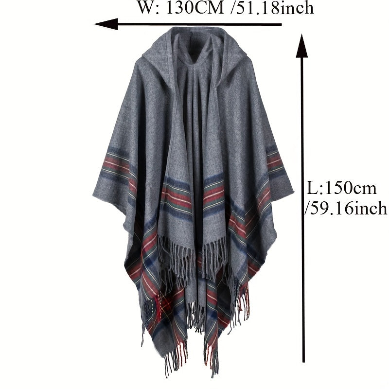 Vintage Jacquard Shawl Hooded Cloak Tassel Cape Womens Wrap Cardigan