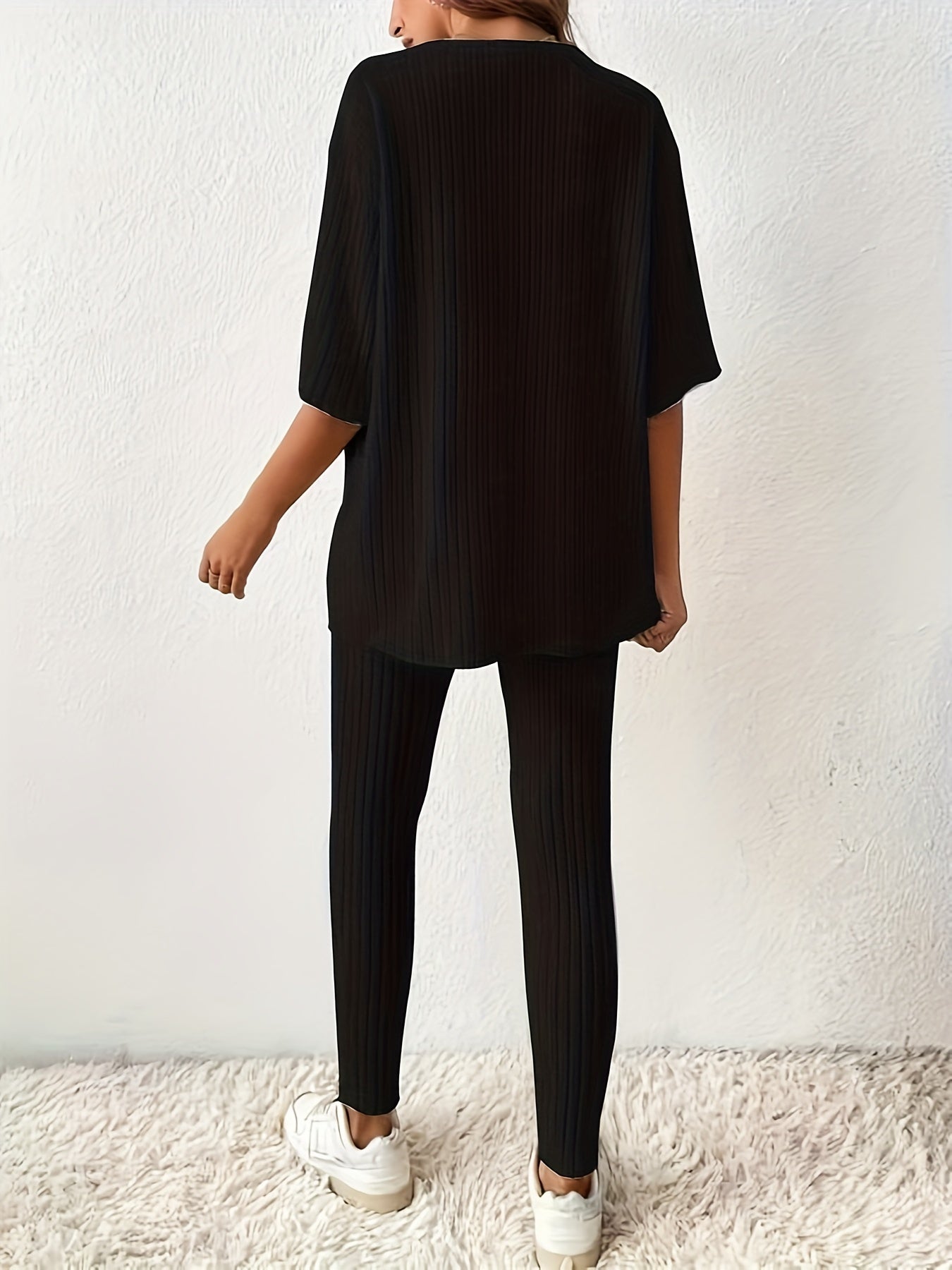 Ribbed Knit Two piece Set Drop Shoulder Short Sleeve T shirt & Slim Pants