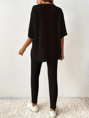 Ribbed Knit Two piece Set Drop Shoulder Short Sleeve T shirt & Slim Pants