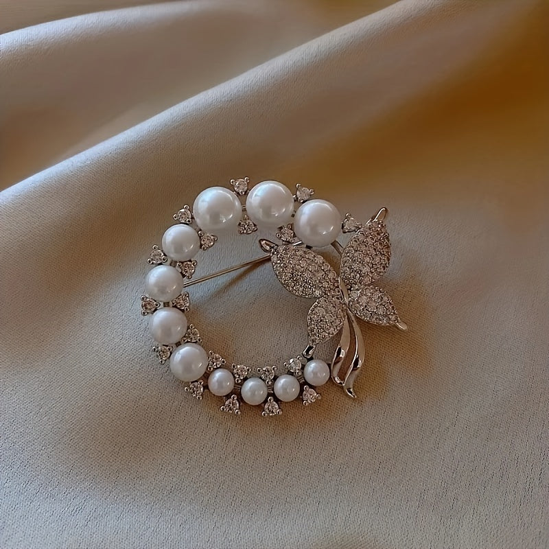 Rhinestones Faux Pearl Butterfly Brooch for Men