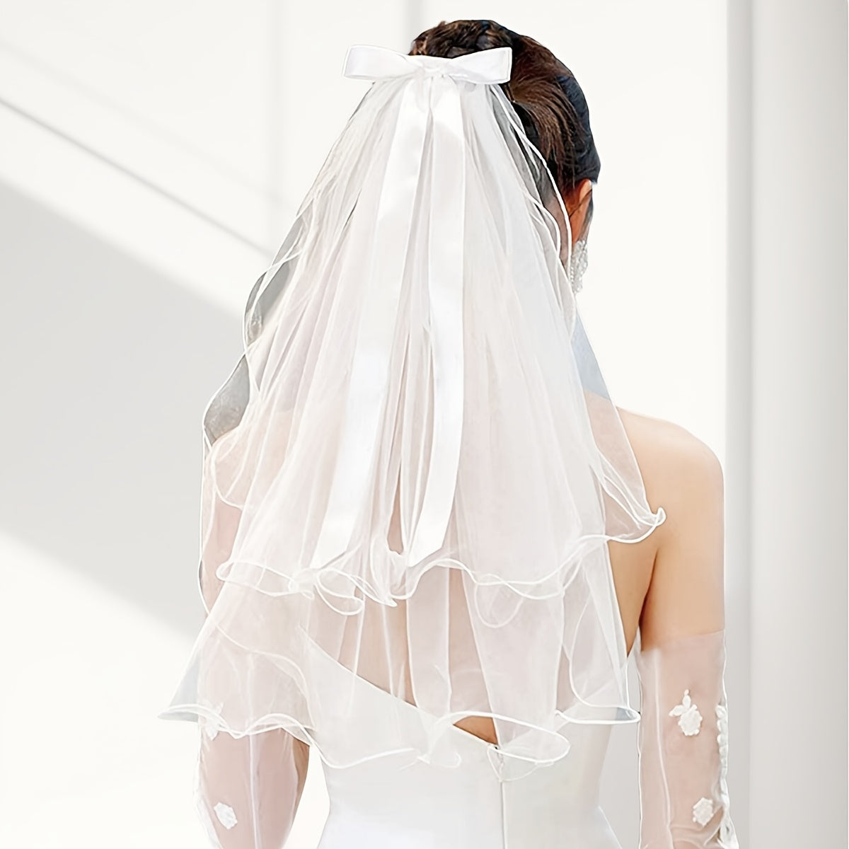 Women'S Double Layered Bow Headscarf Sheer Veil Wedding
