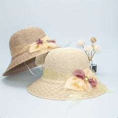 Summer Knitted Breathable Sun Hat Mesh Flower Decor Bucket Hat