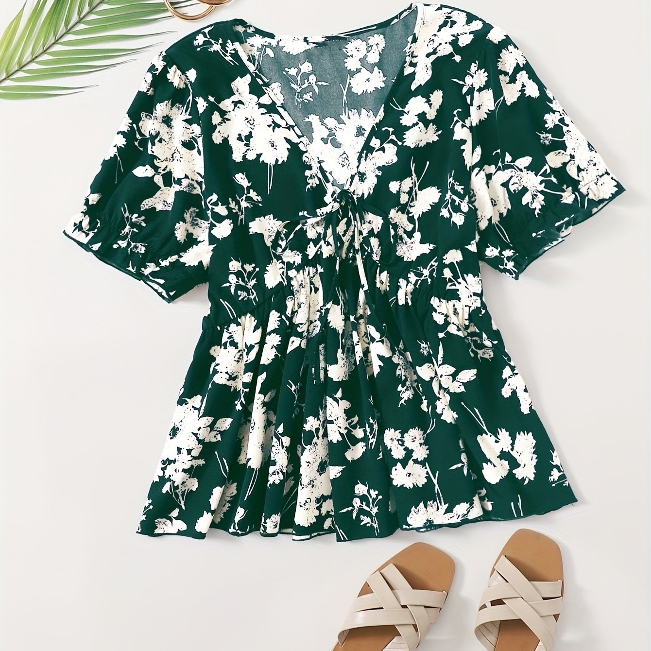  Floral Print Tie Front Short Sleeve V Neck Blouse