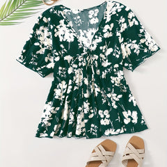  Floral Print Tie Front Short Sleeve V Neck Blouse