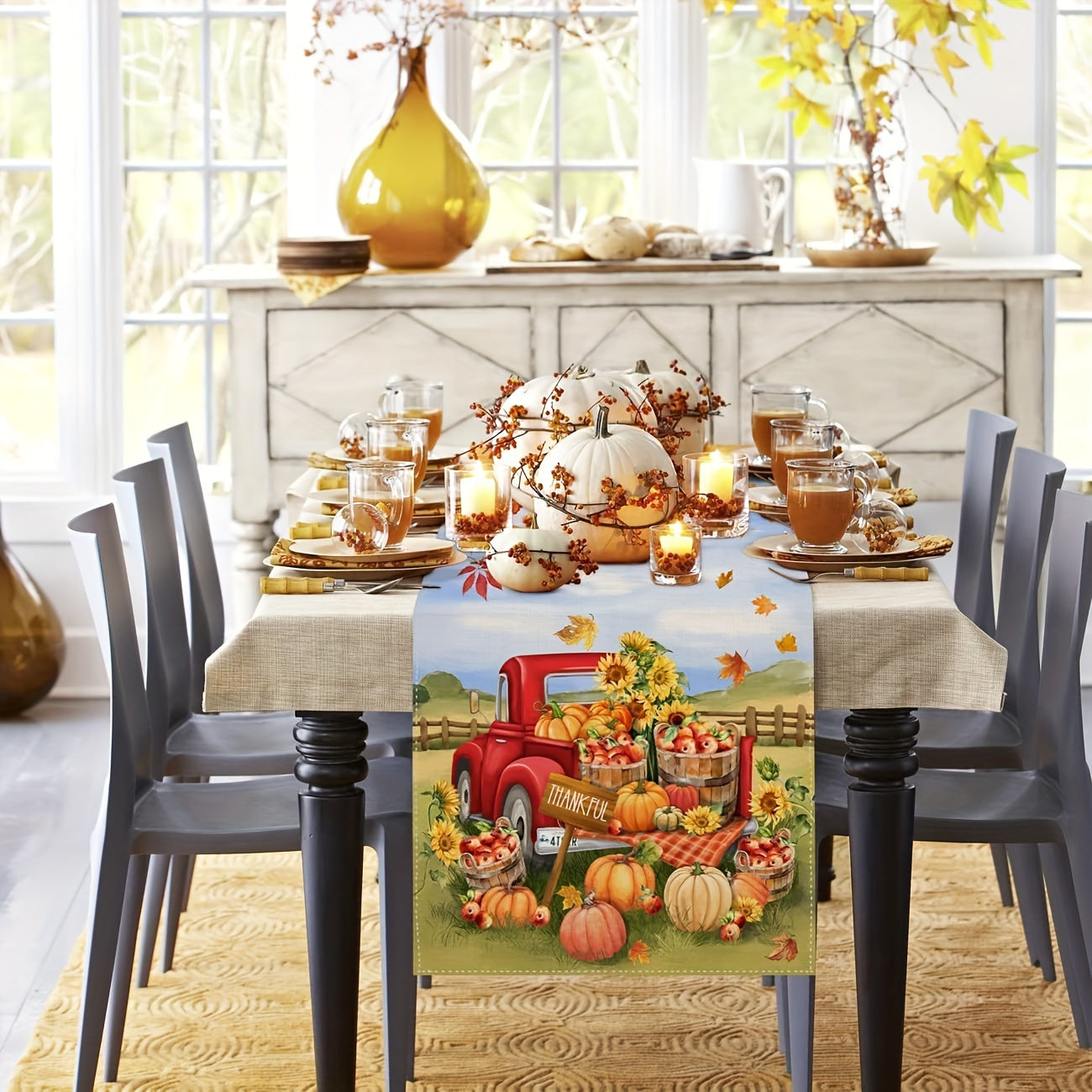 Thanksgiving Table Runner Autumn Truck Pumpkin Maple Leaf Orange Table Cover