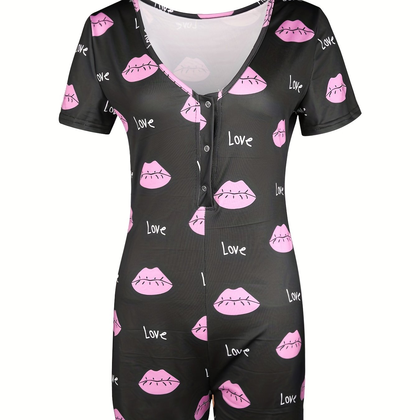 Lip & Letter Print Romper Jumpsuit V neck Button Romper Jumpsuit