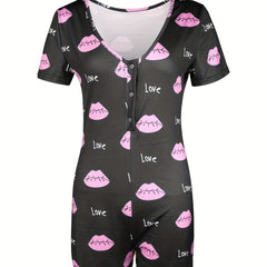 Lip & Letter Print Romper Jumpsuit V neck Button Romper Jumpsuit