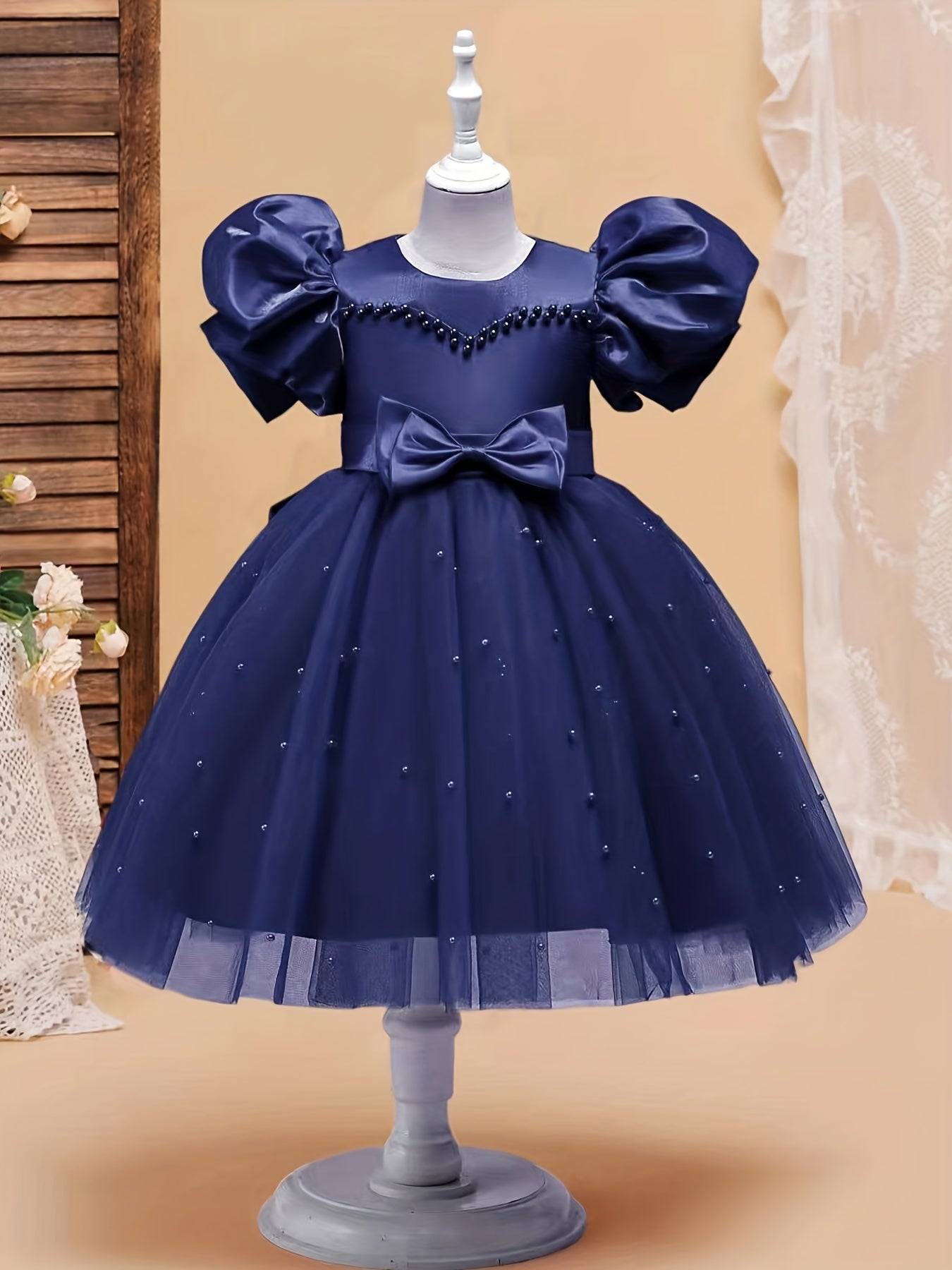 Girls Beaded Details Bubble Sleeve Party Gown Dress