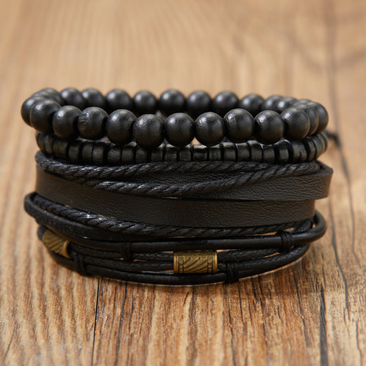 Men's Wooden Beaded Braided Leather Bracelet Set