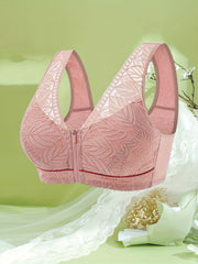  Leaf Jacquard Zipper Front Lace Bra