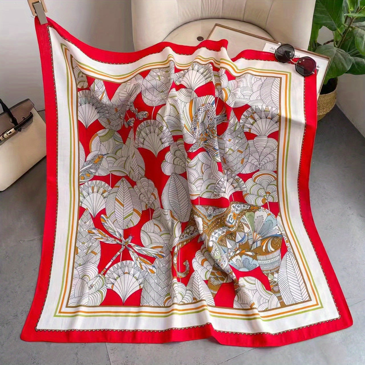 98cm Thin Print Square Scarf Silk Feeling Soft Scarf Breathable Shawl Wraps