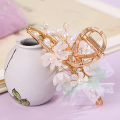 Vintage Chinese Style Hair Claw Clip Faux Pearl Flower Leaf Metal