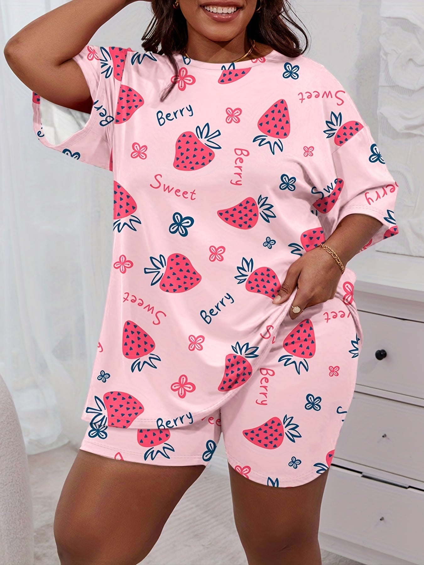  Daisy & Cherry Print Short Sleeve Tee & Shorts Pajama Set