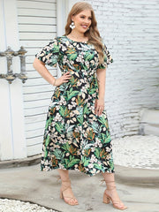 Plus Size Tropical Print V Neck Midi Dress