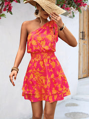 Floral Print One Shoulder Boho Dress Knotted Waist Layered Dress
