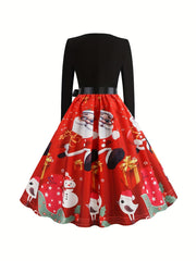  Colorblock Graphic Print Long Sleeve Round Neck Dress