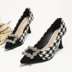 Women's Houndstooth High Heels Pointed Toe Rhinestone Stiletto Heels